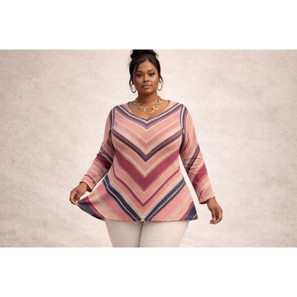 Nurture Sweaters - Boho Chevron Stripe Tunic Sweater Stretch Knit V Neck Made USA Nurture XL